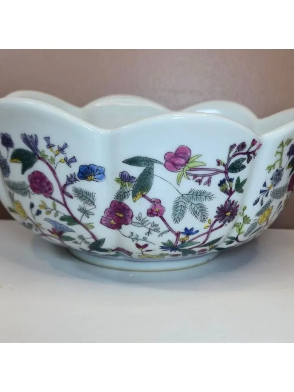 Vintage New England Pottery Floral Planter Bowl Scalloped colorful Wildflowers